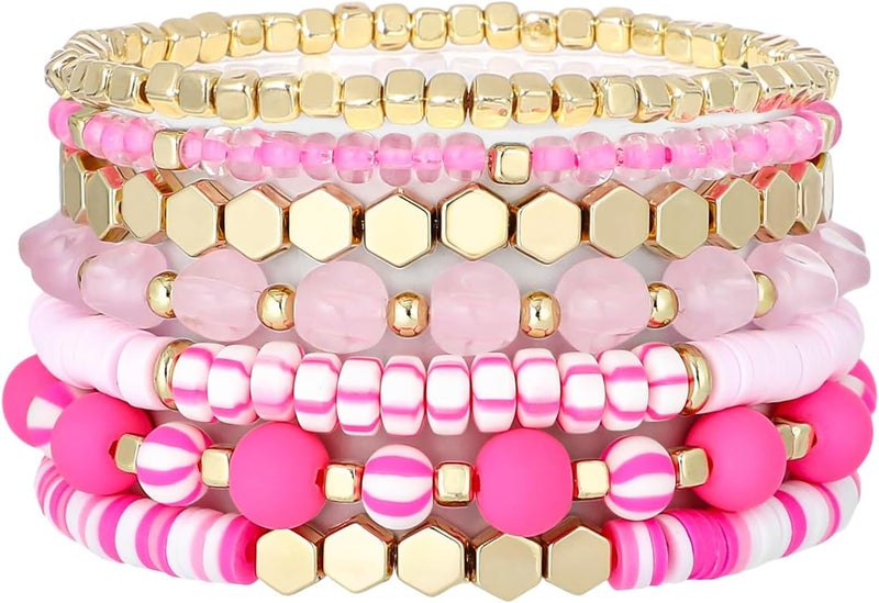 GOOJIDS Surfer Heishi Clay Bead Bracelets for Women Bohemian Stackable Gold Plated Beaded Stretch Bracelets Elastic Layering Friendship Bracelets Set Boho Jewelry - Image 1